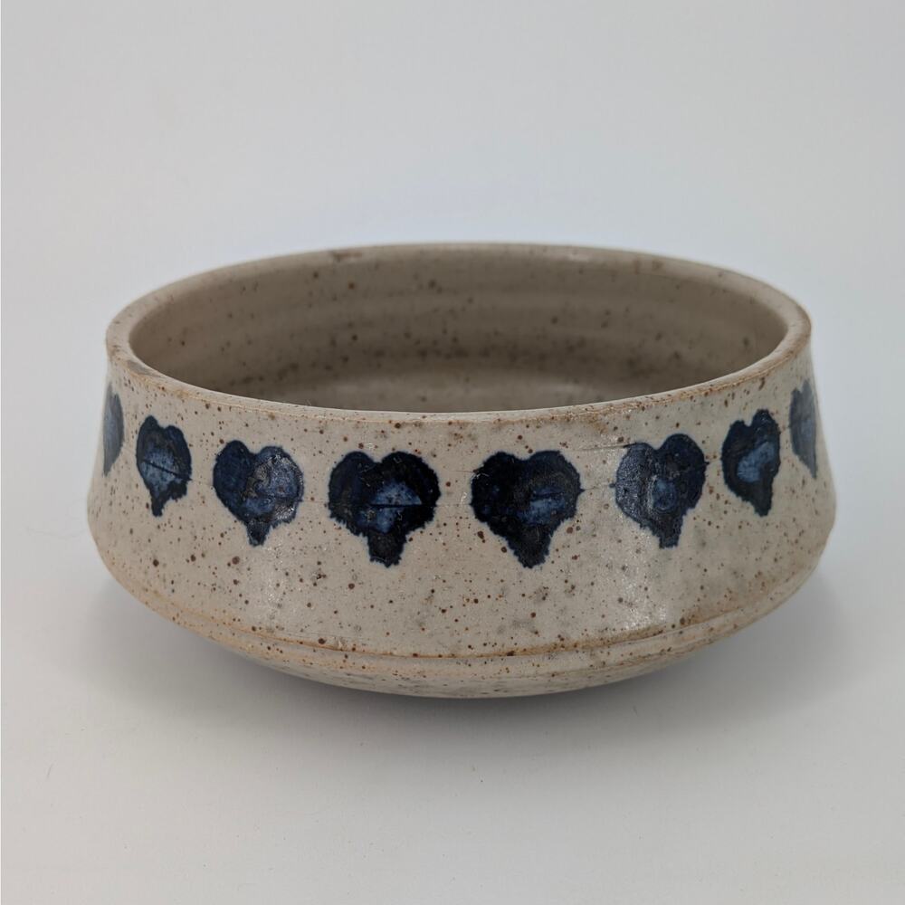Artist Ceramic Bowl Handmade Pottery Blue Hearts 1980s VTG Catchall Dish Flawed
